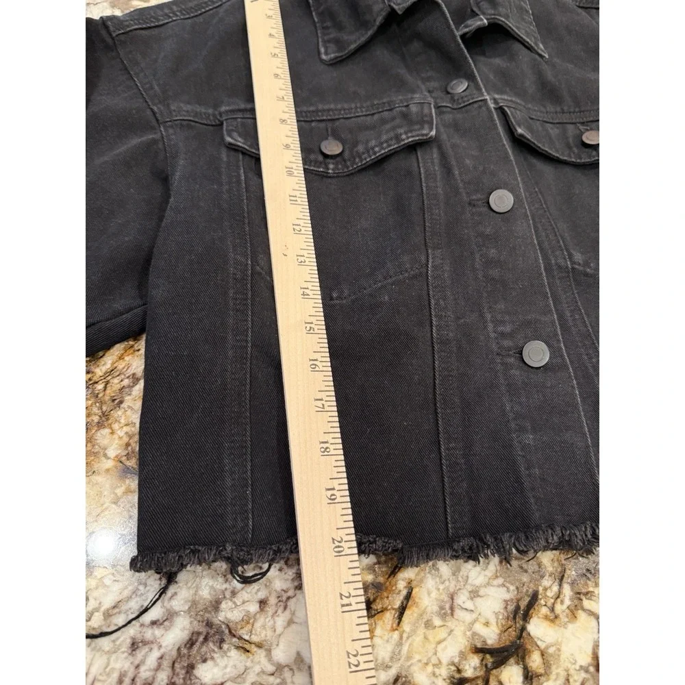 Lia Cher Women's Black Denim Jean Jacket Raw Hem Collared Pockets L 12-14 - Picture 7 of 9
